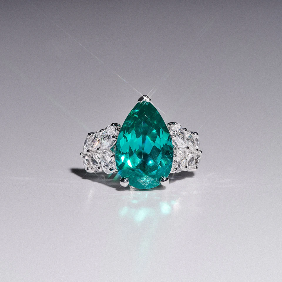 7.00ct Pear Cut Lab Paraíba Ring with Lab Diamond Shoulders in 14K White Gold