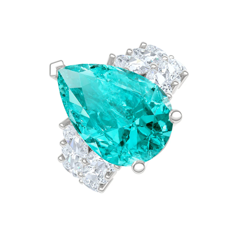 7.00ct Pear Cut Lab Paraíba Ring with Lab Diamond Shoulders in 14K White Gold