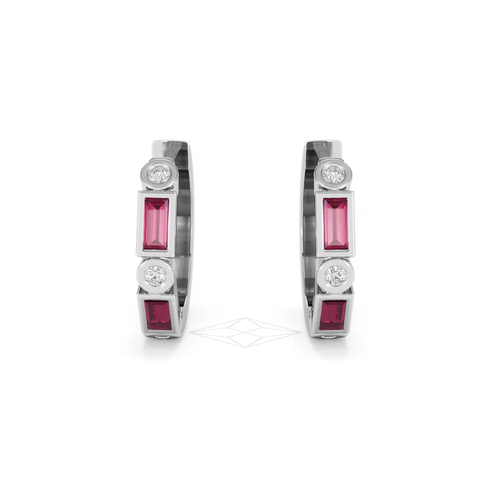 Forme 0.52ct Baguette Cut Lab Ruby Huggie Earrings in Sterling Silver