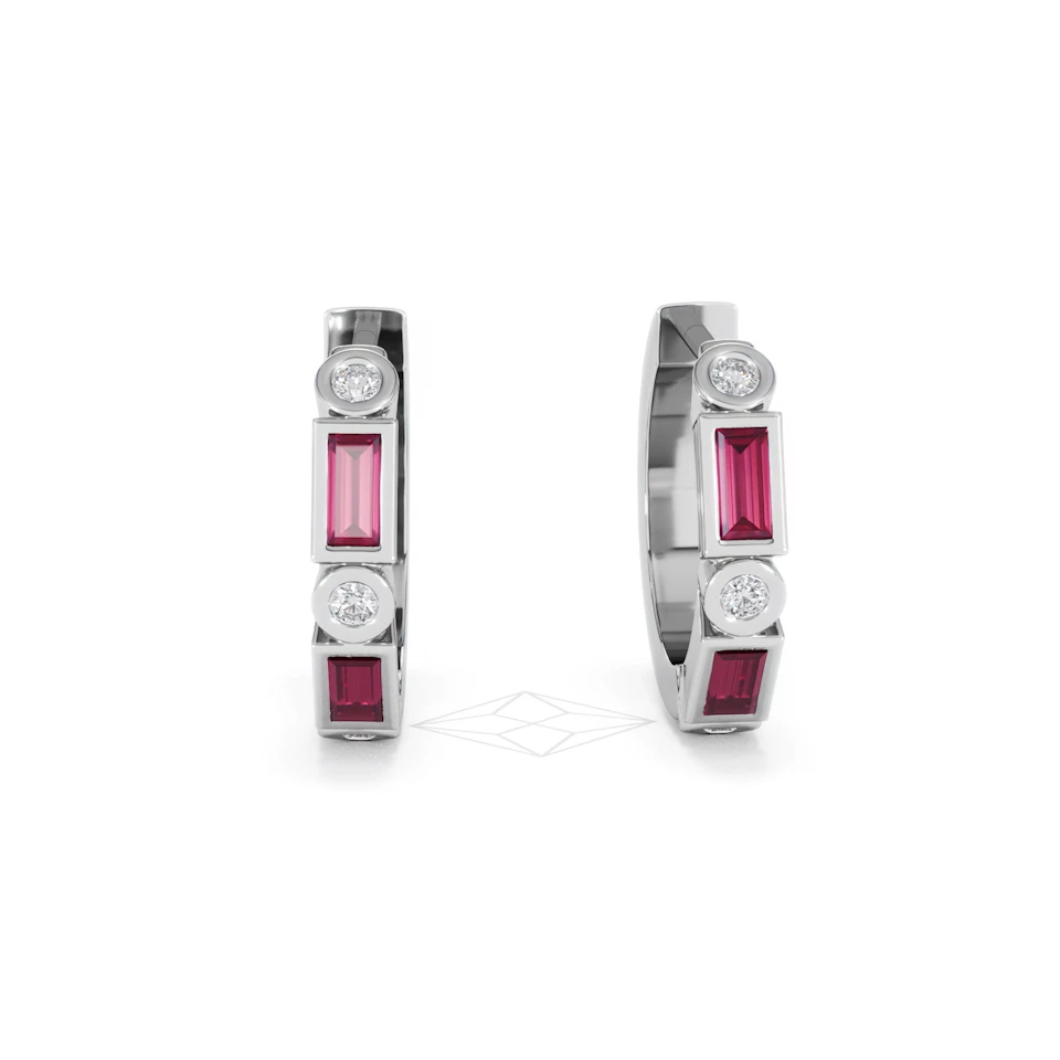 Forme 0.52ct Baguette Cut Lab Ruby Huggie Earrings in Sterling Silver