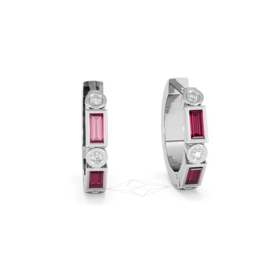 Forme 0.52ct Baguette Cut Lab Ruby Huggie Earrings in Sterling Silver