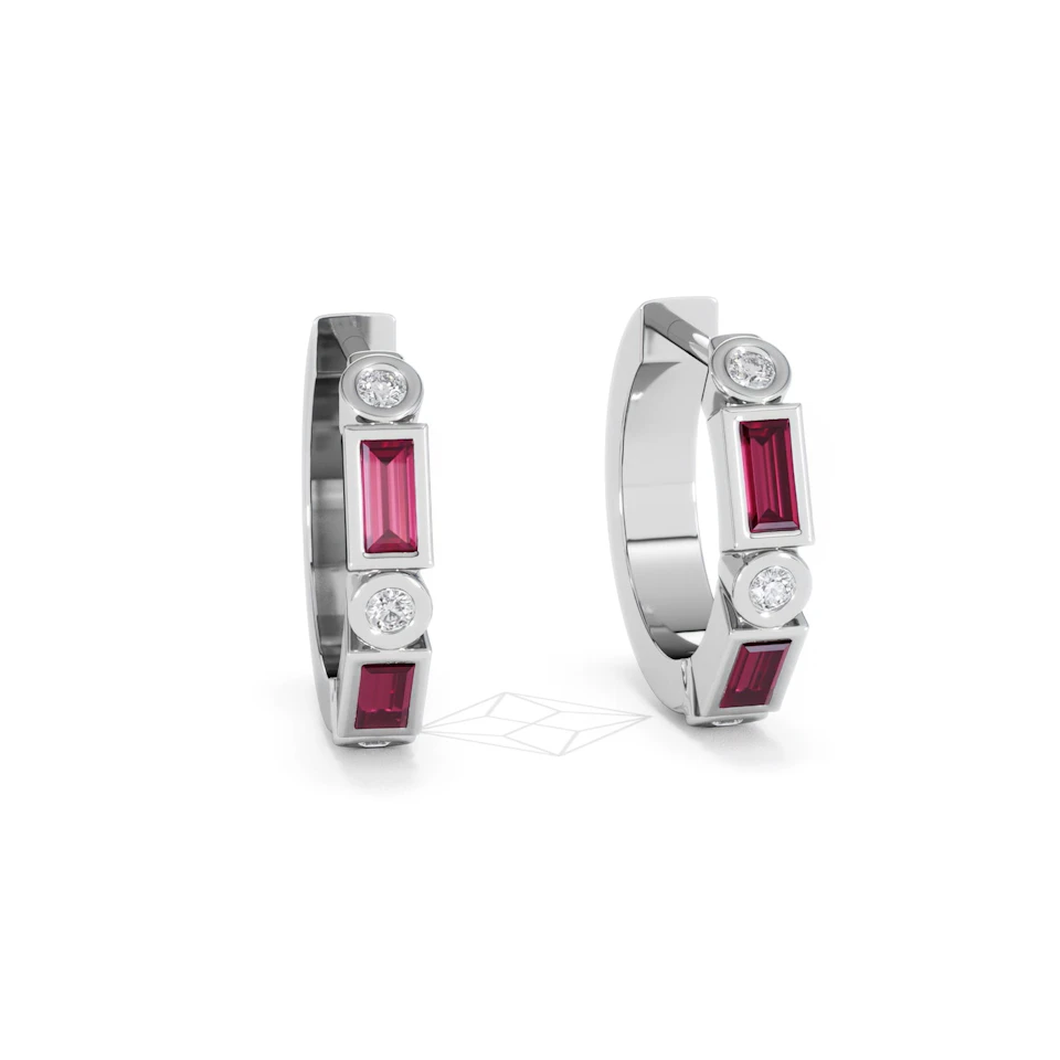 Forme 0.52ct Baguette Cut Lab Ruby Huggie Earrings in Sterling Silver