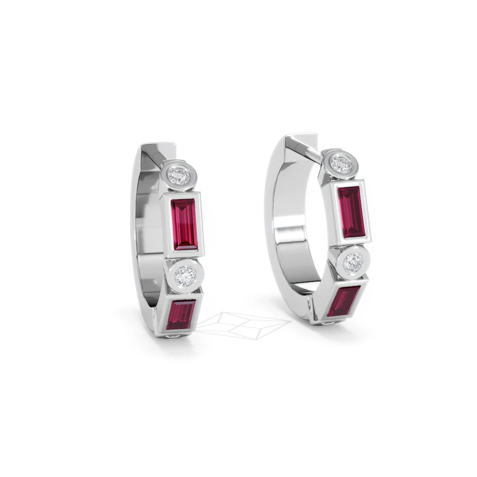 Forme 0.52ct Baguette Cut Lab Ruby Huggie Earrings in Sterling Silver
