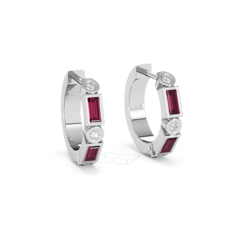 Forme 0.52ct Baguette Cut Lab Ruby Huggie Earrings in Sterling Silver