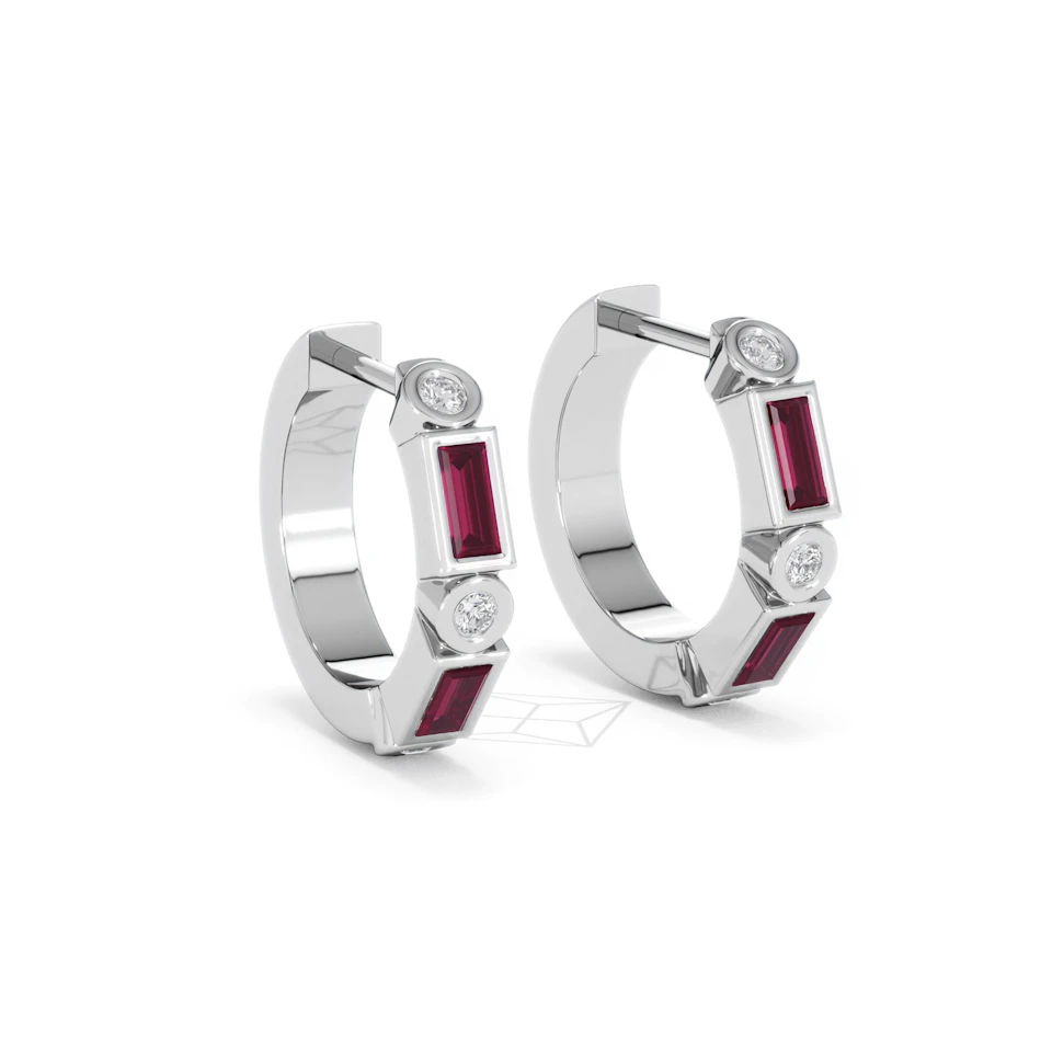 Forme 0.52ct Baguette Cut Lab Ruby Huggie Earrings in Sterling Silver