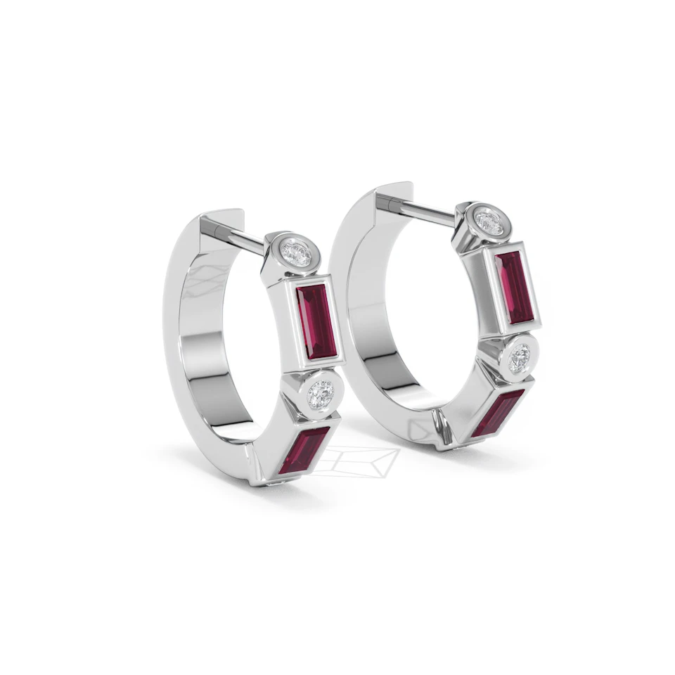 Forme 0.52ct Baguette Cut Lab Ruby Huggie Earrings in Sterling Silver
