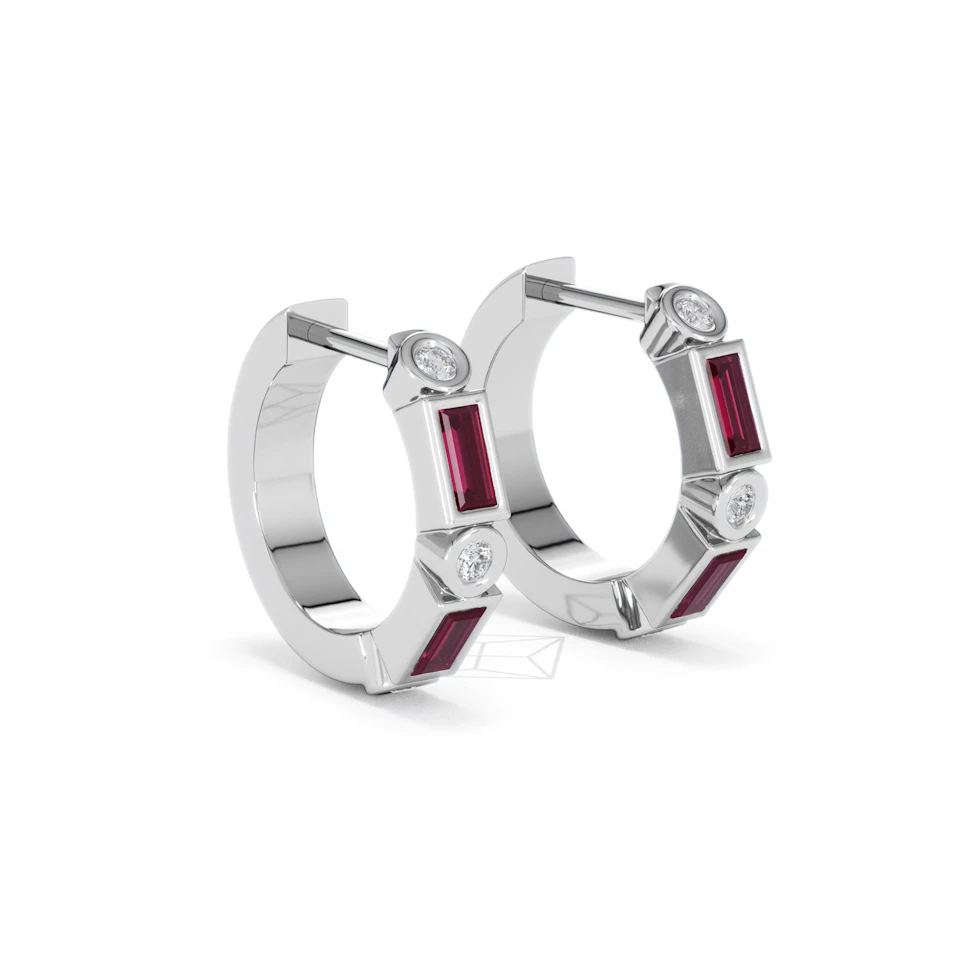 Forme 0.52ct Baguette Cut Lab Ruby Huggie Earrings in Sterling Silver