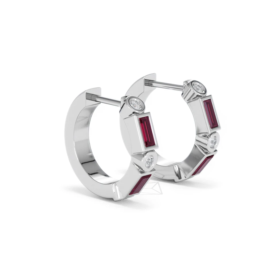 Forme 0.52ct Baguette Cut Lab Ruby Huggie Earrings in Sterling Silver