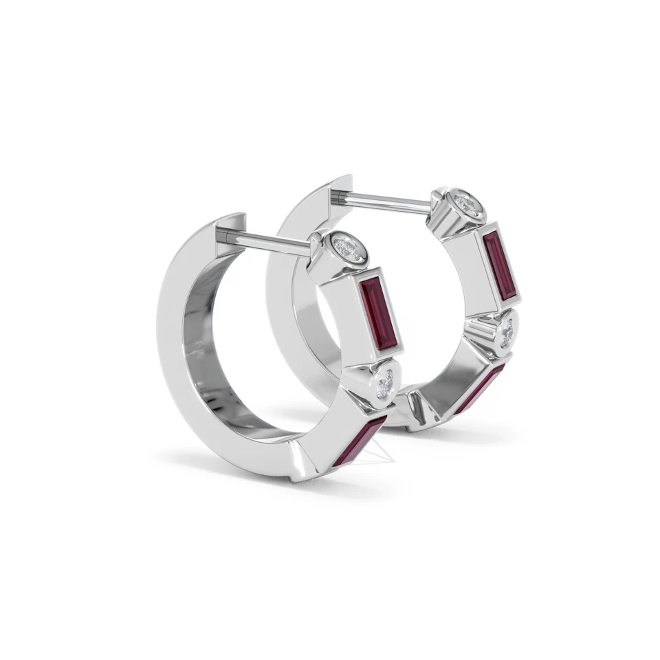 Forme 0.52ct Baguette Cut Lab Ruby Huggie Earrings in Sterling Silver