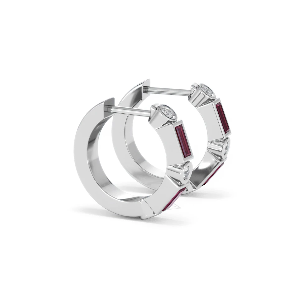 Forme 0.52ct Baguette Cut Lab Ruby Huggie Earrings in Sterling Silver