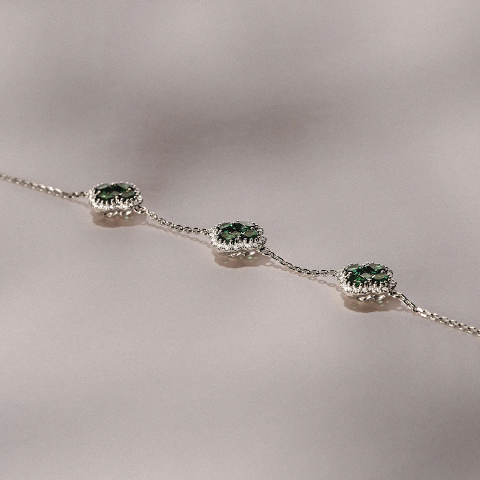 Alegria 2.25ct Lab Emerald 3 Clover Halo Bracelet in Sterling Silver