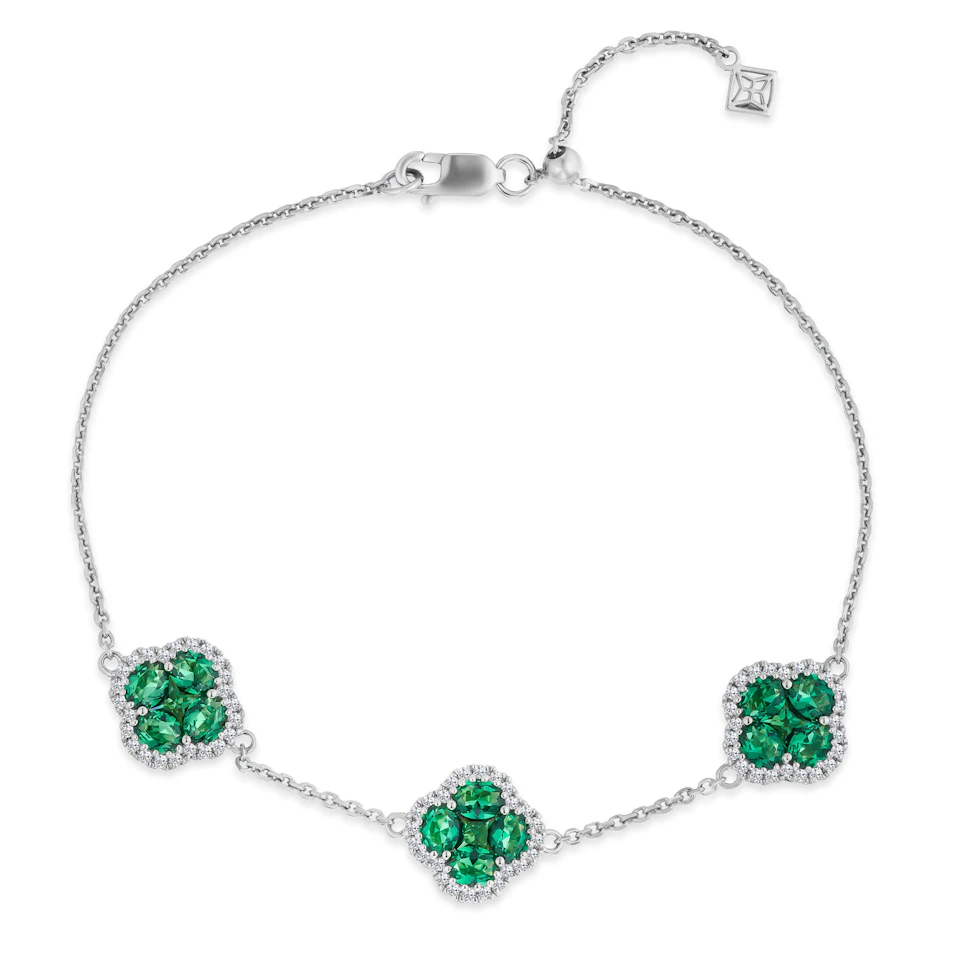 Alegria 2.25ct Lab Emerald 3 Clover Halo Bracelet in Sterling Silver