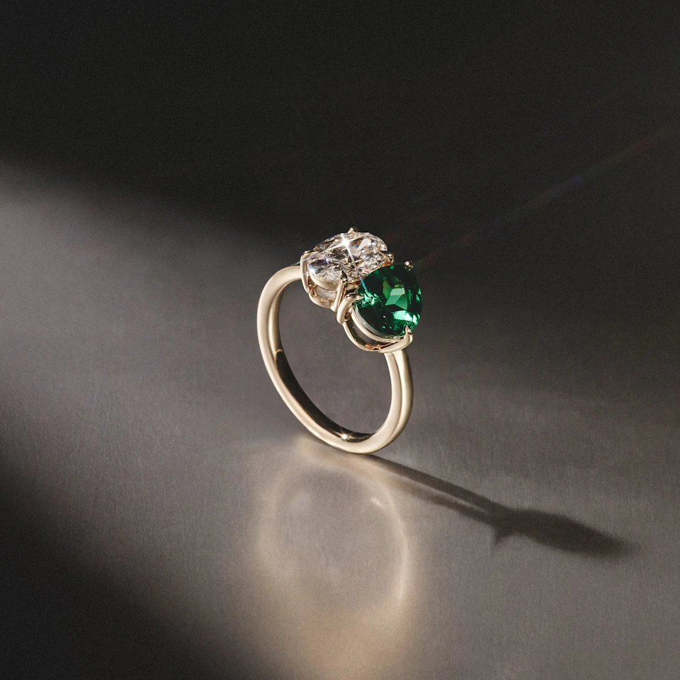 Toi Et Moi 1.50ct Oval Lab Diamond and 2.00ct Pear Lab Emerald Engagement Ring in 18K Yellow Gold