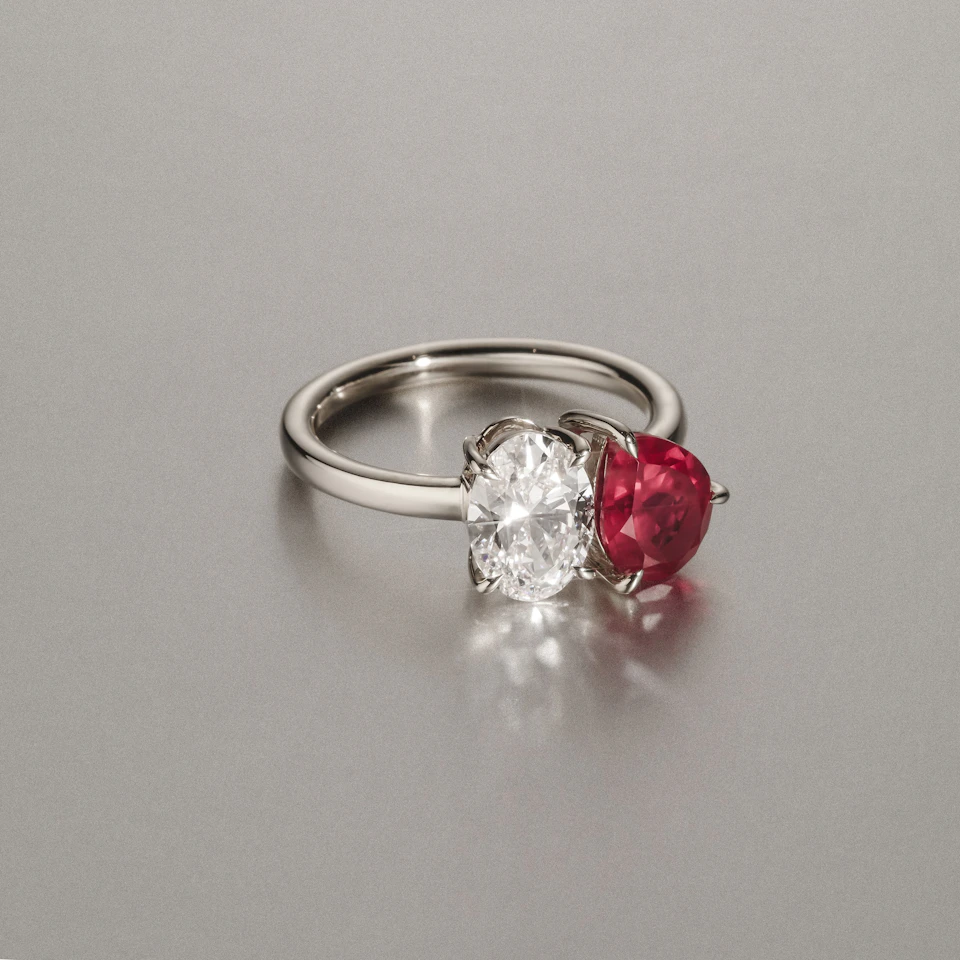 Toi Et Moi 1.50ct Oval Lab Diamond and 2.00ct Pear Lab Ruby Engagement Ring in Platinum