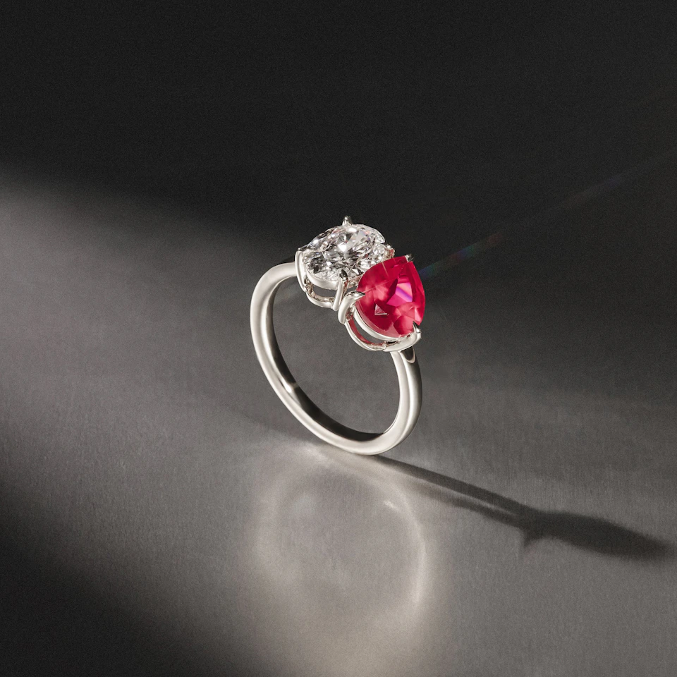 Toi Et Moi 1.50ct Oval Lab Diamond and 2.00ct Pear Lab Ruby Engagement Ring in Platinum