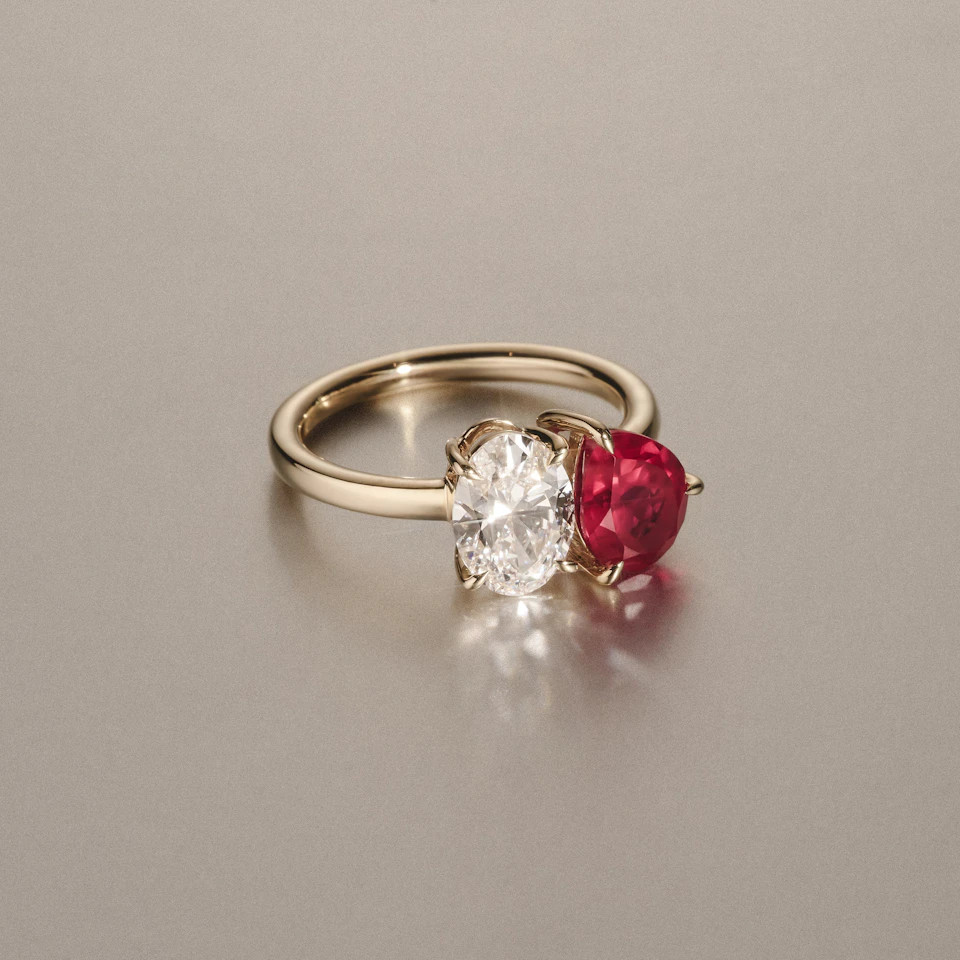 Toi Et Moi 1.50ct Oval Lab Diamond and 2.00ct Pear Lab Ruby Engagement Ring in 18K Yellow Gold