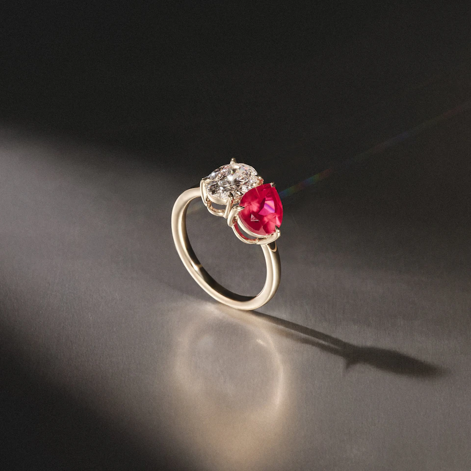 Toi Et Moi 1.50ct Oval Lab Diamond and 2.00ct Pear Lab Ruby Engagement Ring in 18K Yellow Gold