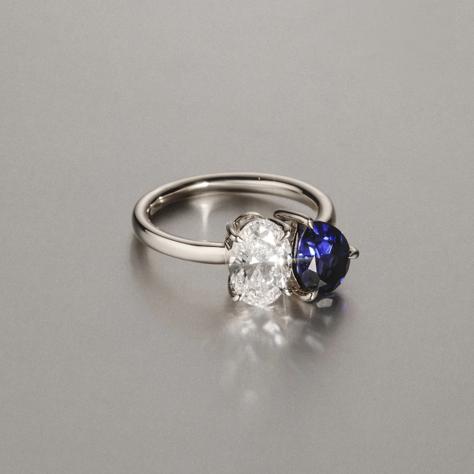 Toi Et Moi 1.50ct Oval Lab Diamond and 2.00ct Pear Lab Sapphire Engagement Ring in Platinum