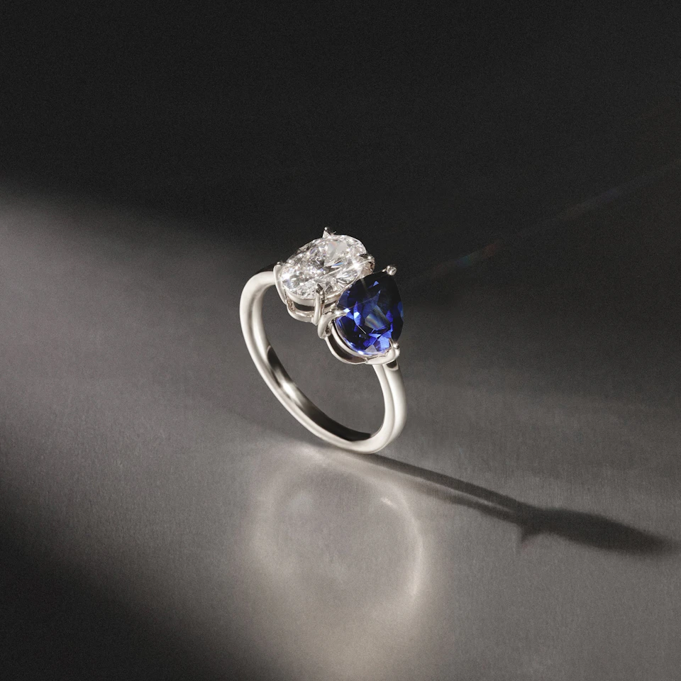 Toi Et Moi 1.50ct Oval Lab Diamond and 2.00ct Pear Lab Sapphire Engagement Ring in Platinum