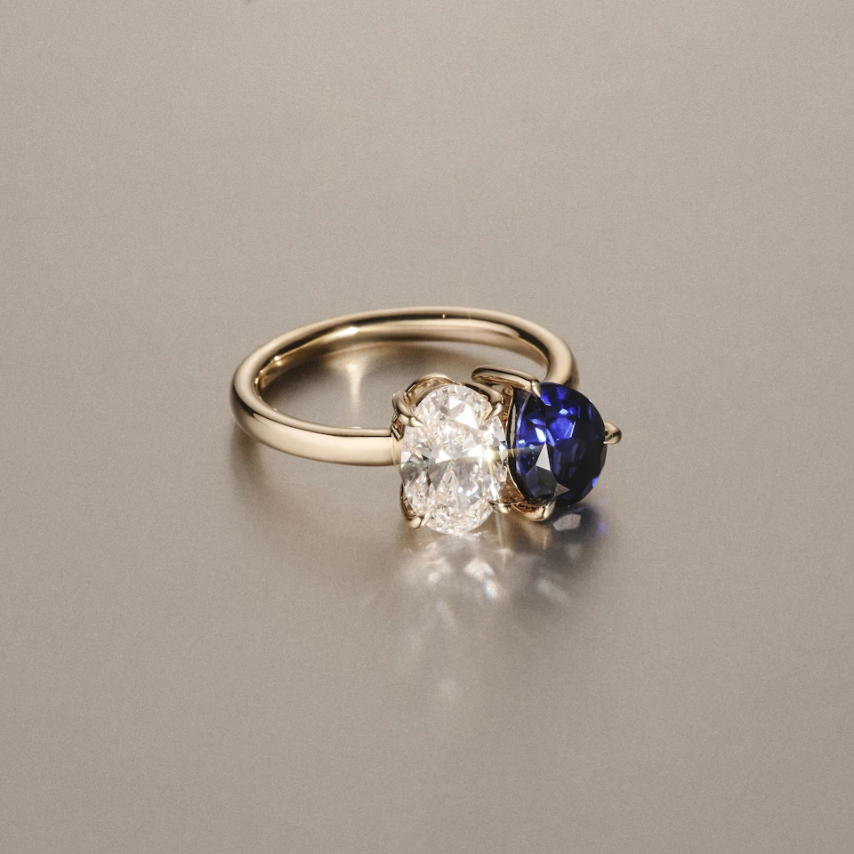 Toi Et Moi 1.50ct Oval Lab Diamond and 2.00ct Pear Lab Sapphire Engagement Ring in 18K Yellow Gold