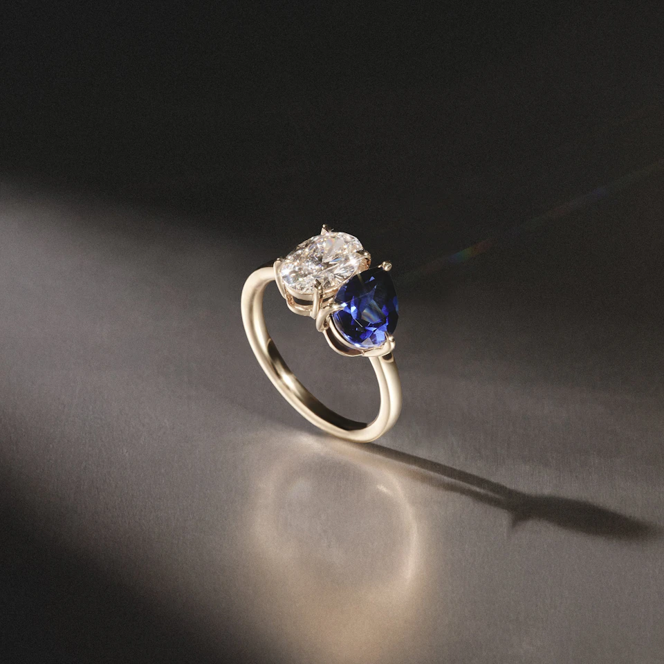 Toi Et Moi 1.50ct Oval Lab Diamond and 2.00ct Pear Lab Sapphire Engagement Ring in 18K Yellow Gold