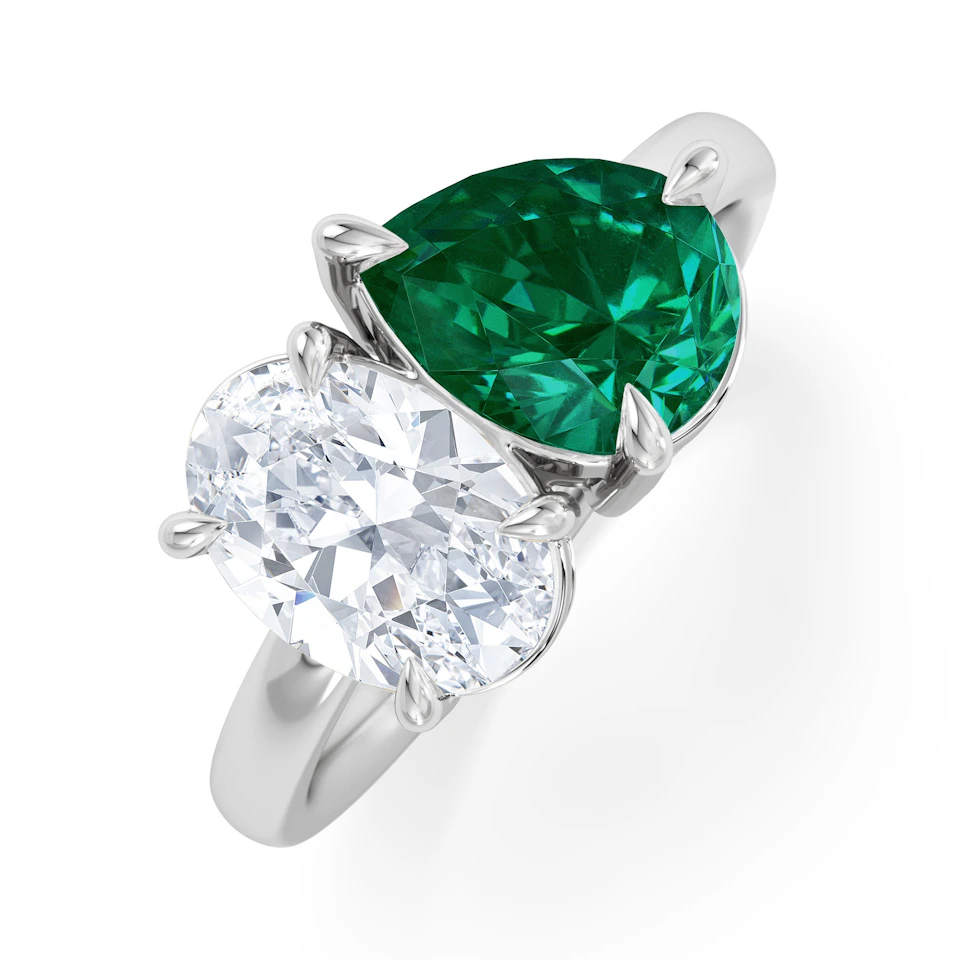 Toi Et Moi 1.50ct Oval Lab Diamond and 2.00ct Pear Lab Emerald Engagement Ring in Platinum