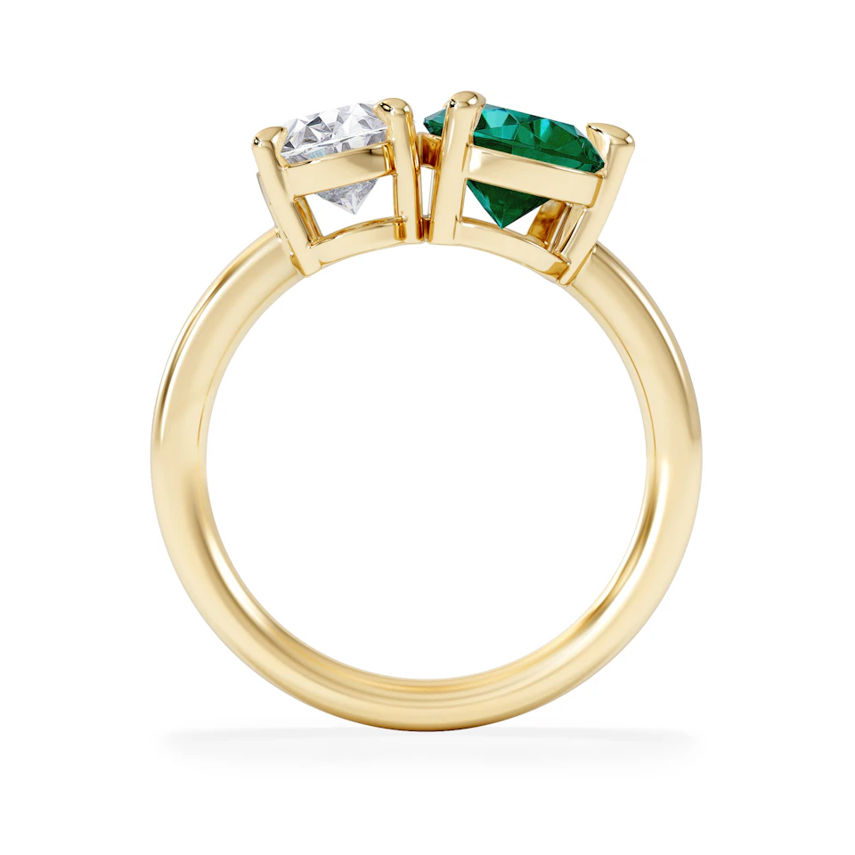 Toi Et Moi 1.50ct Oval Lab Diamond and 2.00ct Pear Lab Emerald Engagement Ring in 18K Yellow Gold