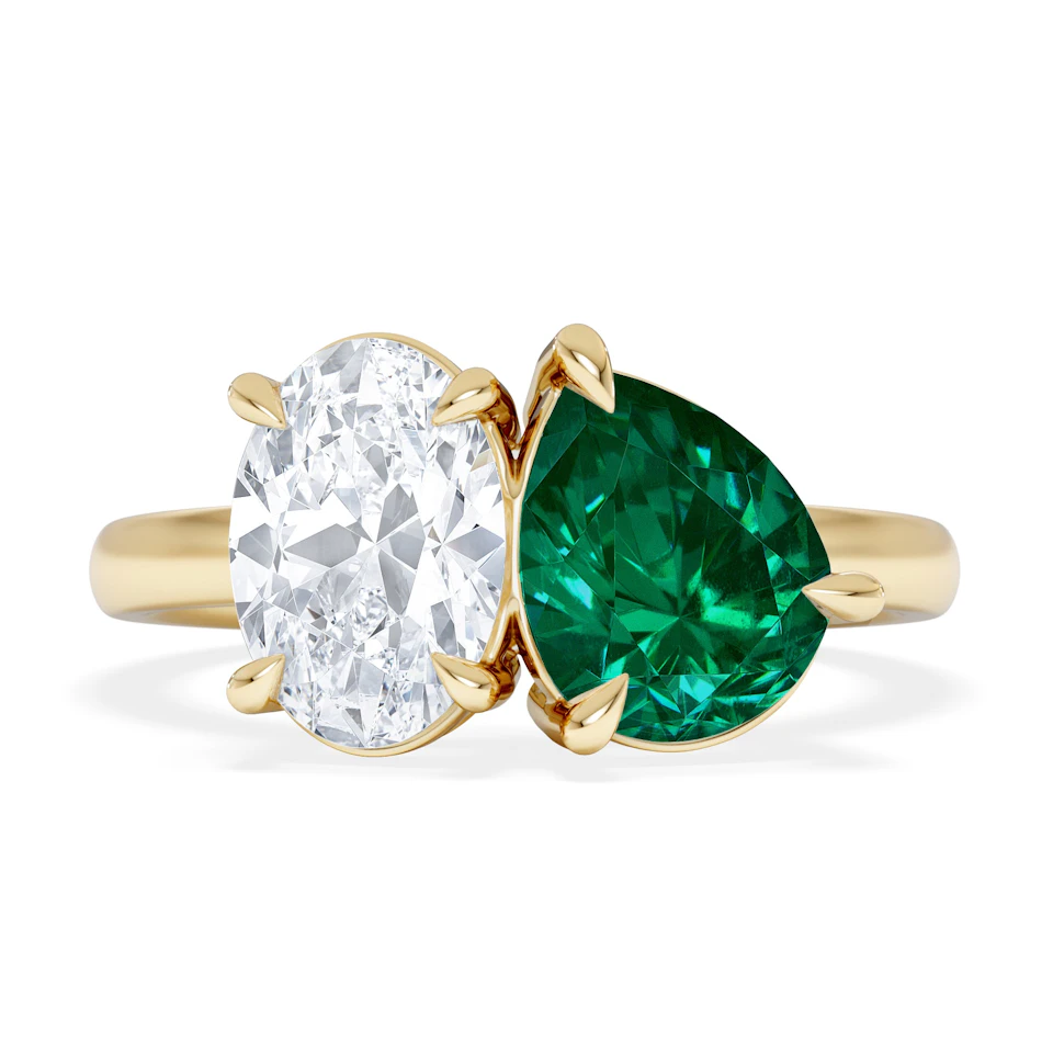 Toi Et Moi 1.50ct Oval Lab Diamond and 2.00ct Pear Lab Emerald Engagement Ring in 18K Yellow Gold
