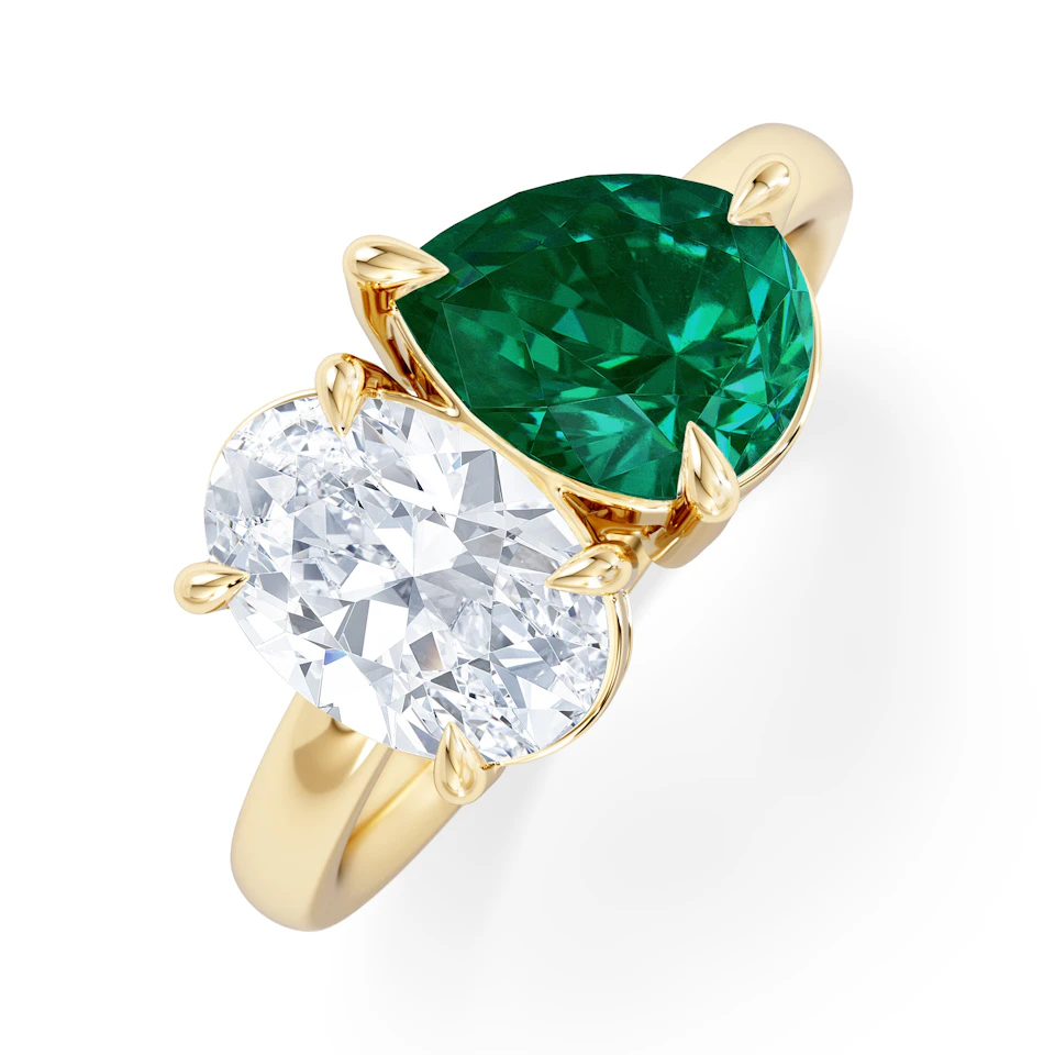Toi Et Moi 1.50ct Oval Lab Diamond and 2.00ct Pear Lab Emerald Engagement Ring in 18K Yellow Gold