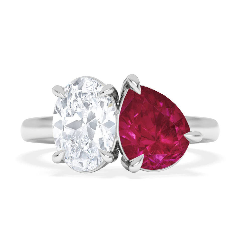 Toi Et Moi 1.50ct Oval Lab Diamond and 2.00ct Pear Lab Ruby Engagement Ring in Platinum