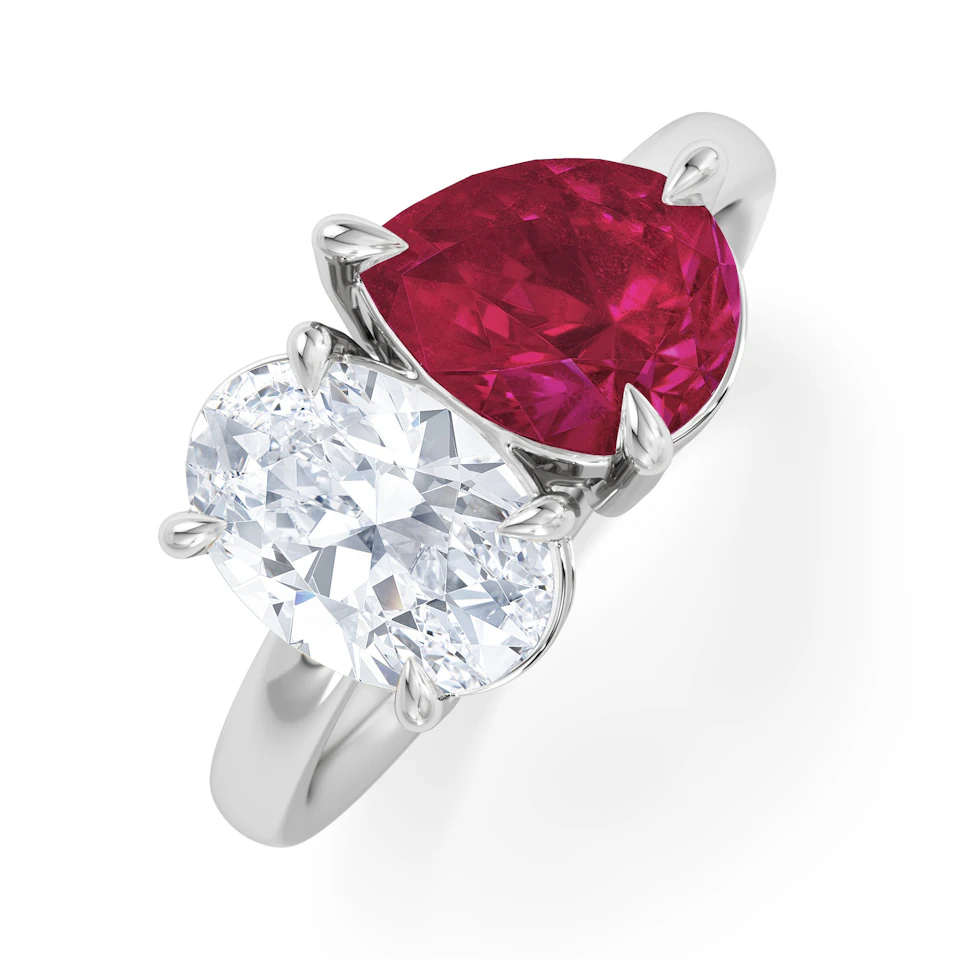 Toi Et Moi 1.50ct Oval Lab Diamond and 2.00ct Pear Lab Ruby Engagement Ring in Platinum