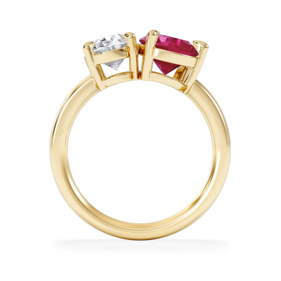 Toi Et Moi 1.50ct Oval Lab Diamond and 2.00ct Pear Lab Ruby Engagement Ring in 18K Yellow Gold