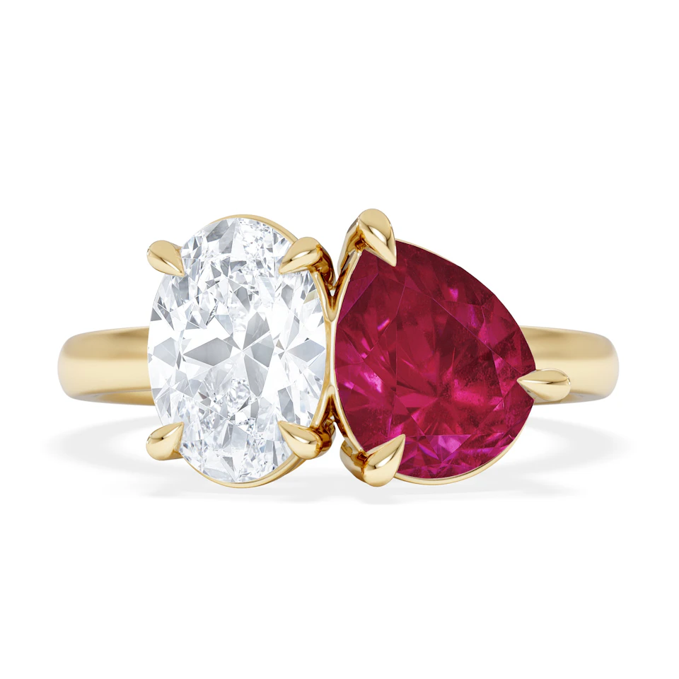 Toi Et Moi 1.50ct Oval Lab Diamond and 2.00ct Pear Lab Ruby Engagement Ring in 18K Yellow Gold