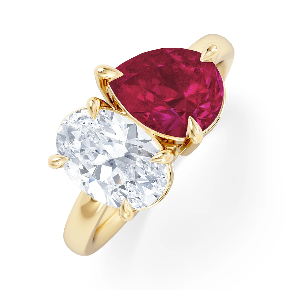 Toi Et Moi 1.50ct Oval Lab Diamond and 2.00ct Pear Lab Ruby Engagement Ring in 18K Yellow Gold