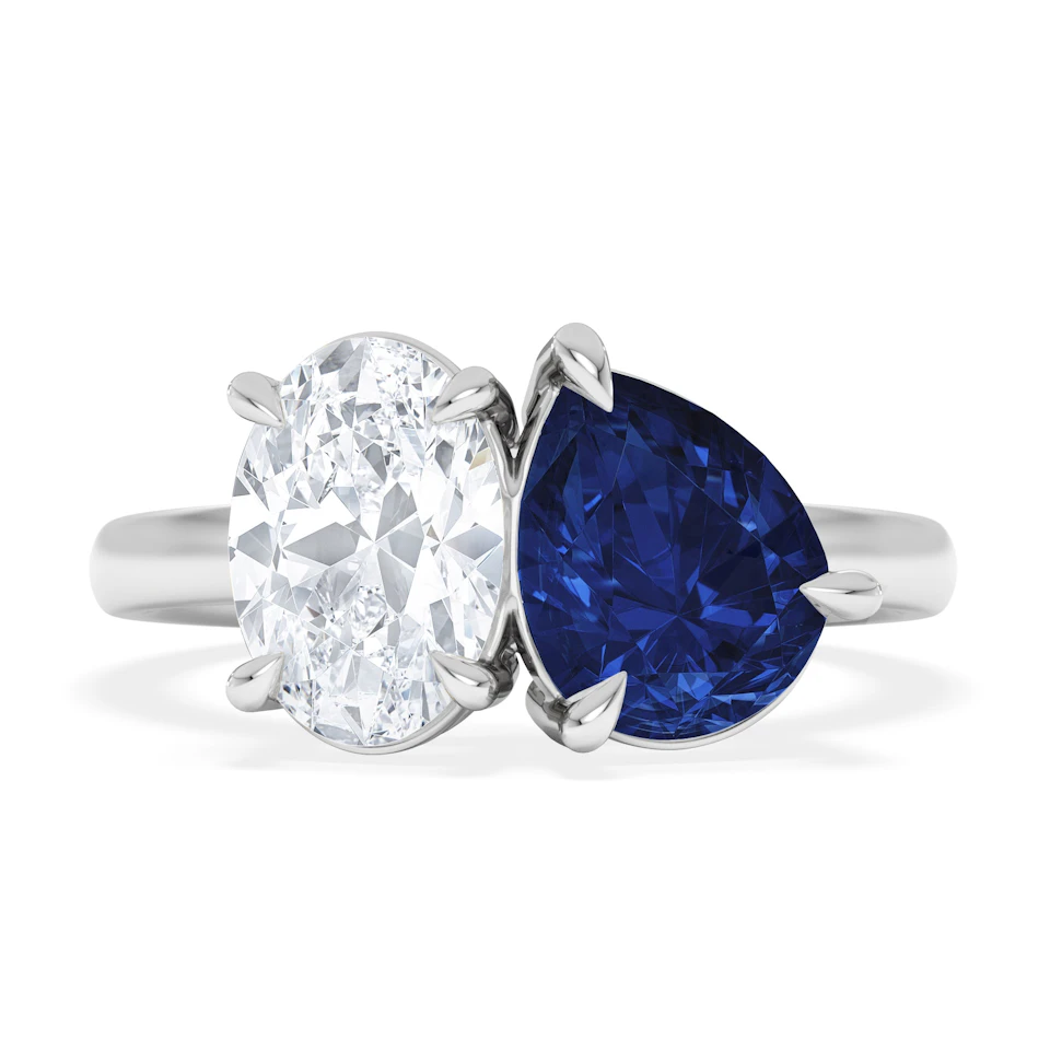Toi Et Moi 1.50ct Oval Lab Diamond and 2.00ct Pear Lab Sapphire Engagement Ring in Platinum
