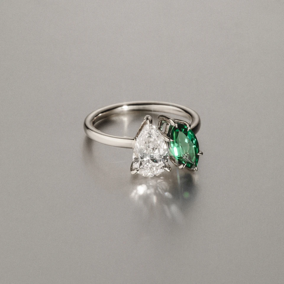 Toi Et Moi 1.50ct Pear Lab Diamond and 1.50ct Marquise Lab Emerald Engagement Ring in Platinum