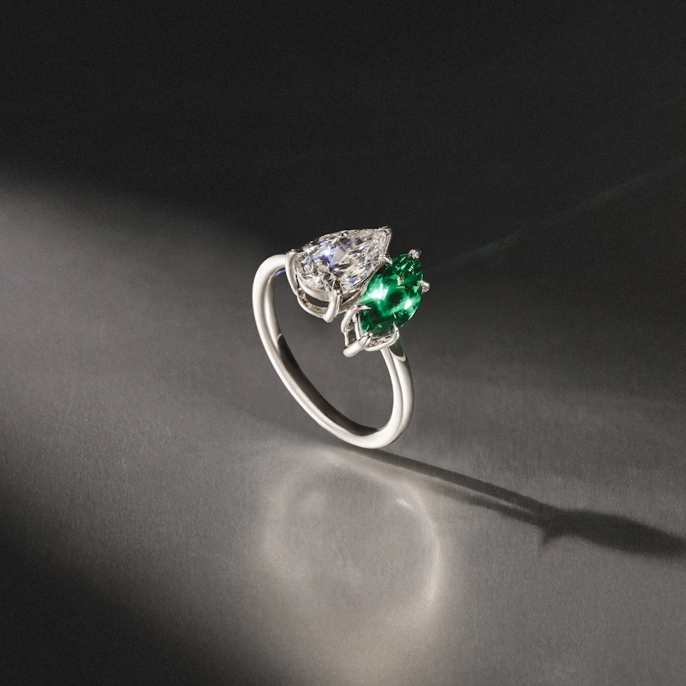 Toi Et Moi 1.50ct Pear Lab Diamond and 1.50ct Marquise Lab Emerald Engagement Ring in Platinum