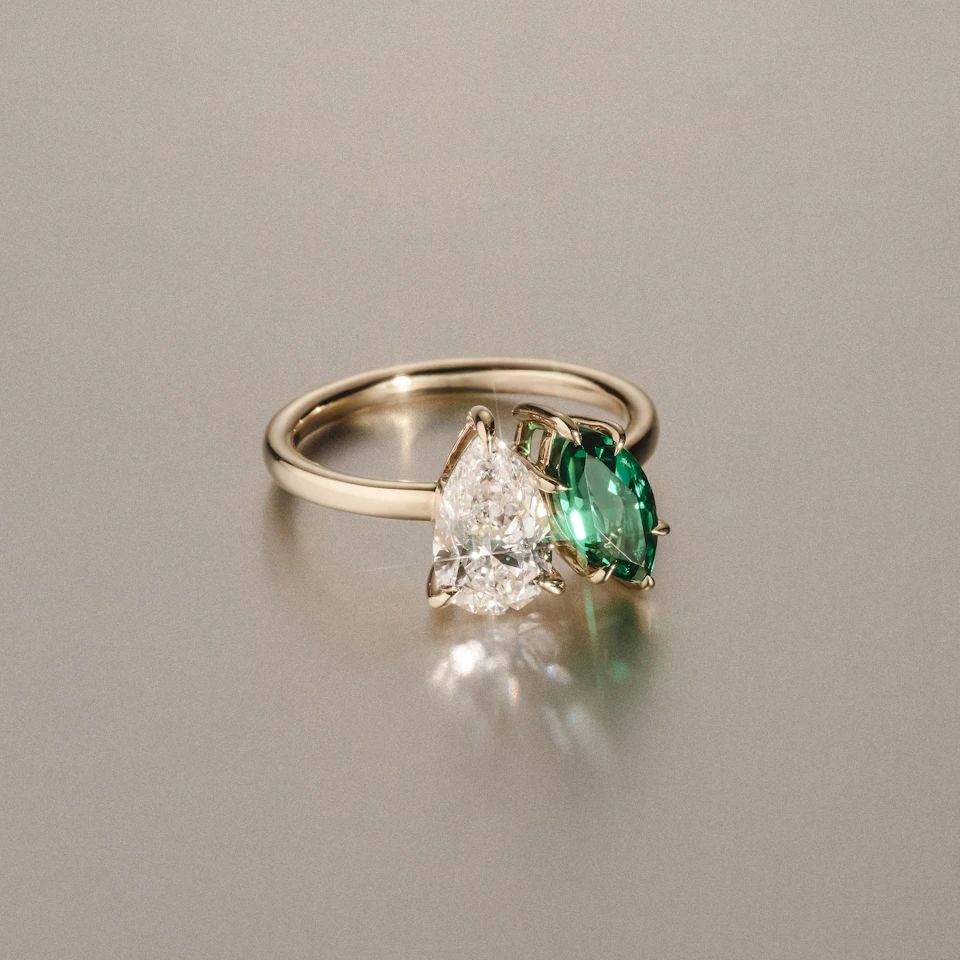 Toi Et Moi 1.50ct Pear Lab Diamond and 1.50ct Marquise Lab Emerald Engagement Ring in 18K Yellow Gold