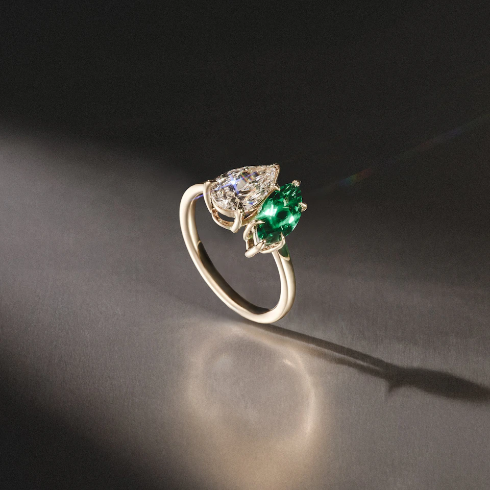 Toi Et Moi 1.50ct Pear Lab Diamond and 1.50ct Marquise Lab Emerald Engagement Ring in 18K Yellow Gold