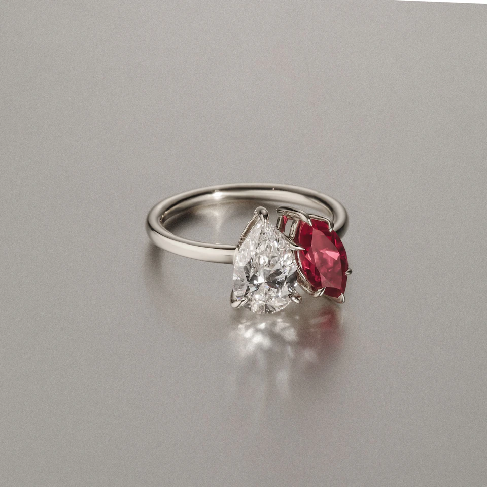 Toi Et Moi 1.50ct Pear Lab Diamond and 1.50ct Marquise Lab Ruby Engagement Ring in Platinum