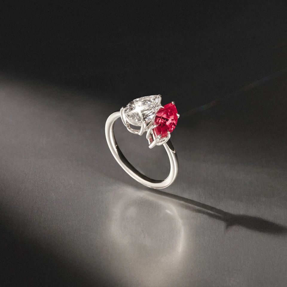 Toi Et Moi 1.50ct Pear Lab Diamond and 1.50ct Marquise Lab Ruby Engagement Ring in Platinum
