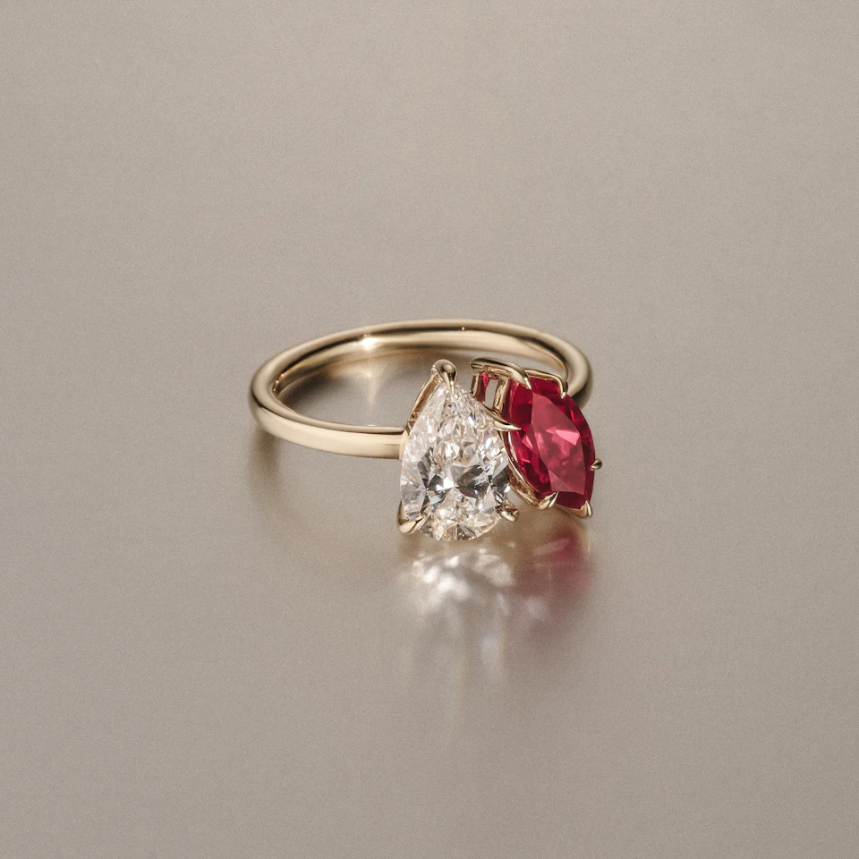 Toi Et Moi 1.50ct Pear Lab Diamond and 1.50ct Marquise Lab Ruby Engagement Ring in 18K Yellow Gold