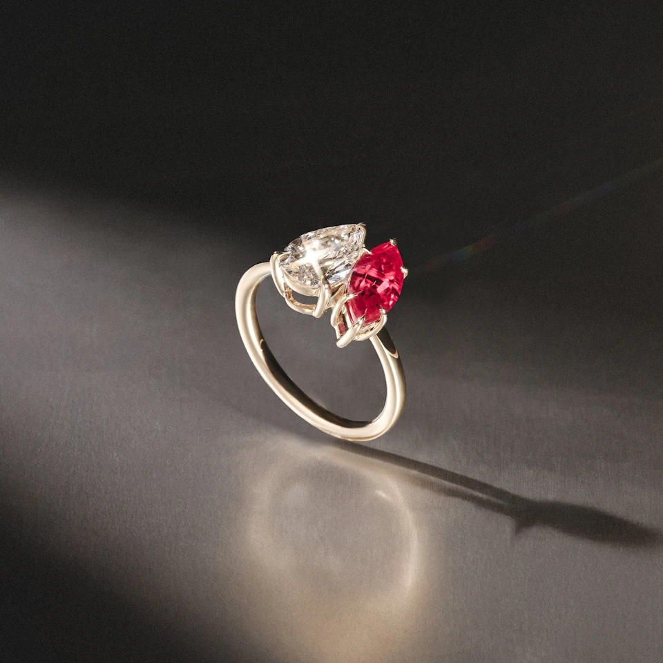 Toi Et Moi 1.50ct Pear Lab Diamond and 1.50ct Marquise Lab Ruby Engagement Ring in 18K Yellow Gold