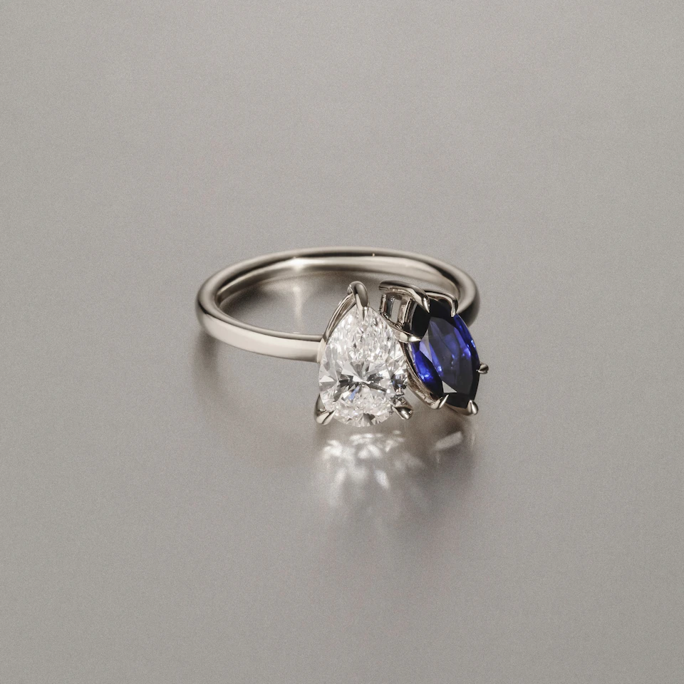 Toi Et Moi 1.50ct Pear Lab Diamond and 1.50ct Marquise Lab Sapphire Engagement Ring in Platinum