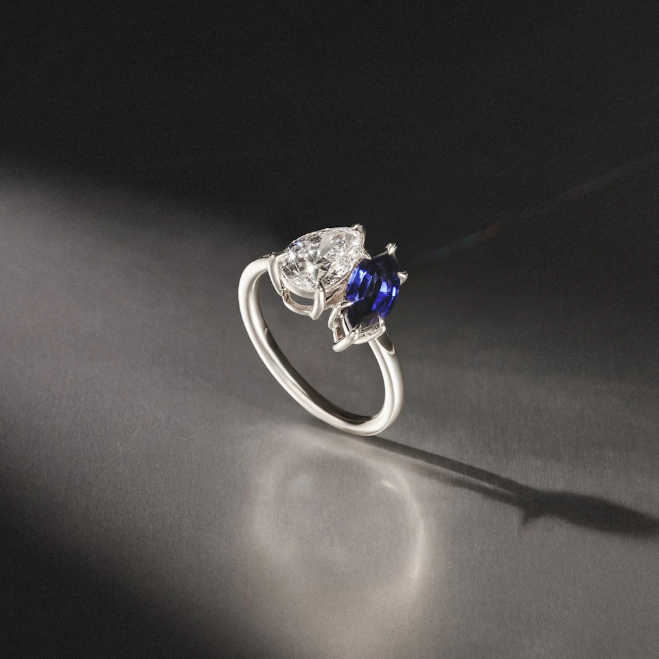 Toi Et Moi 1.50ct Pear Lab Diamond and 1.50ct Marquise Lab Sapphire Engagement Ring in Platinum