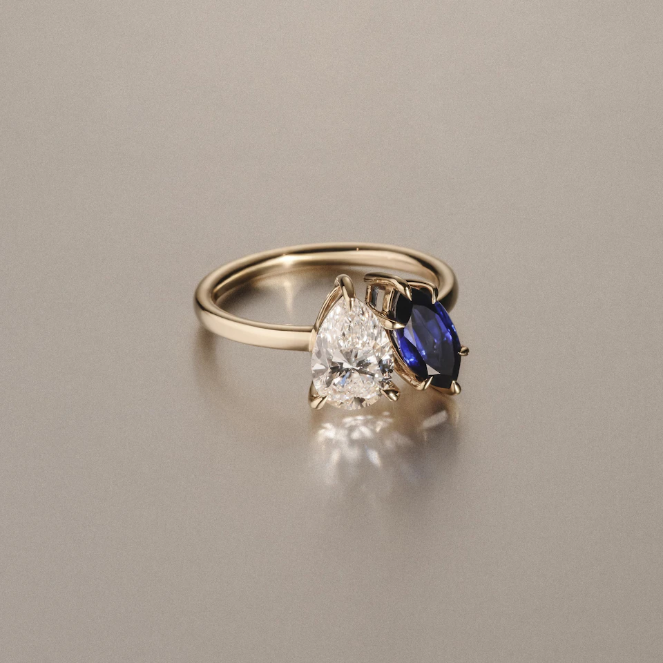 Toi Et Moi 1.50ct Pear Lab Diamond and 1.50ct Marquise Lab Sapphire Engagement Ring in 18K Yellow Gold