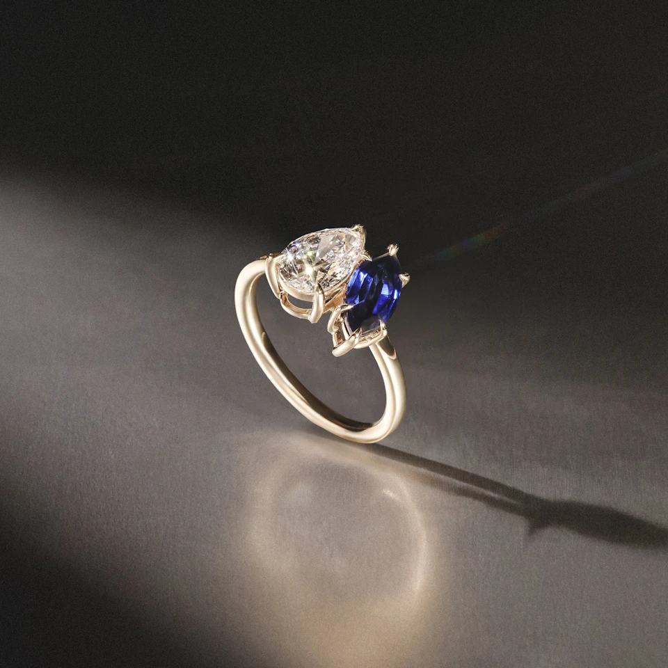 Toi Et Moi 1.50ct Pear Lab Diamond and 1.50ct Marquise Lab Sapphire Engagement Ring in 18K Yellow Gold