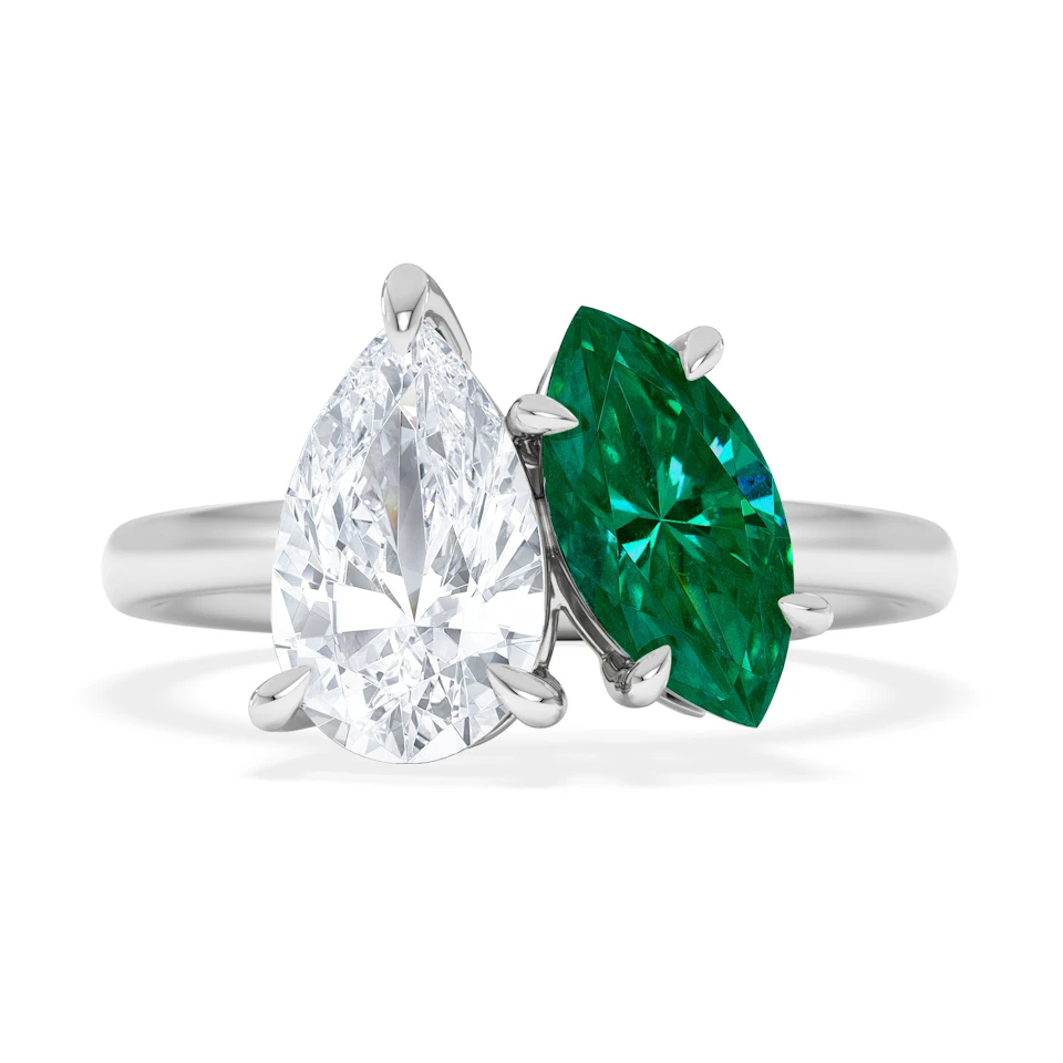 Toi Et Moi 1.50ct Pear Lab Diamond and 1.50ct Marquise Lab Emerald Engagement Ring in Platinum