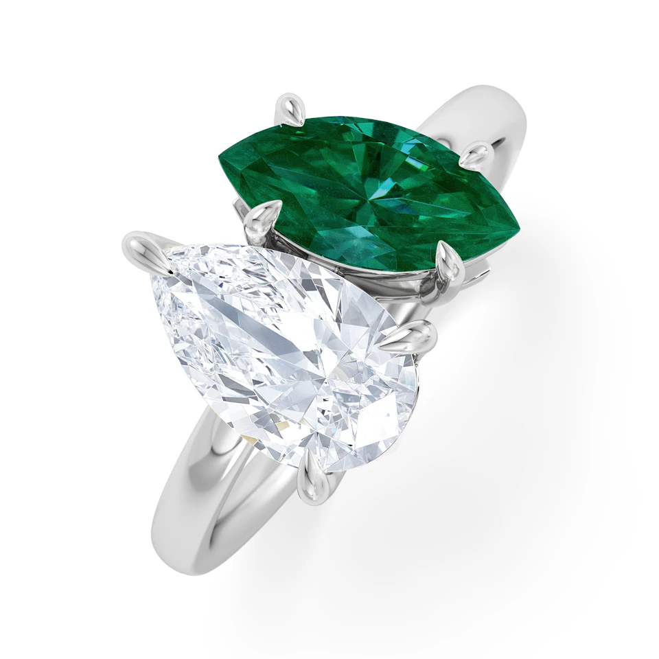 Toi Et Moi 1.50ct Pear Lab Diamond and 1.50ct Marquise Lab Emerald Engagement Ring in Platinum