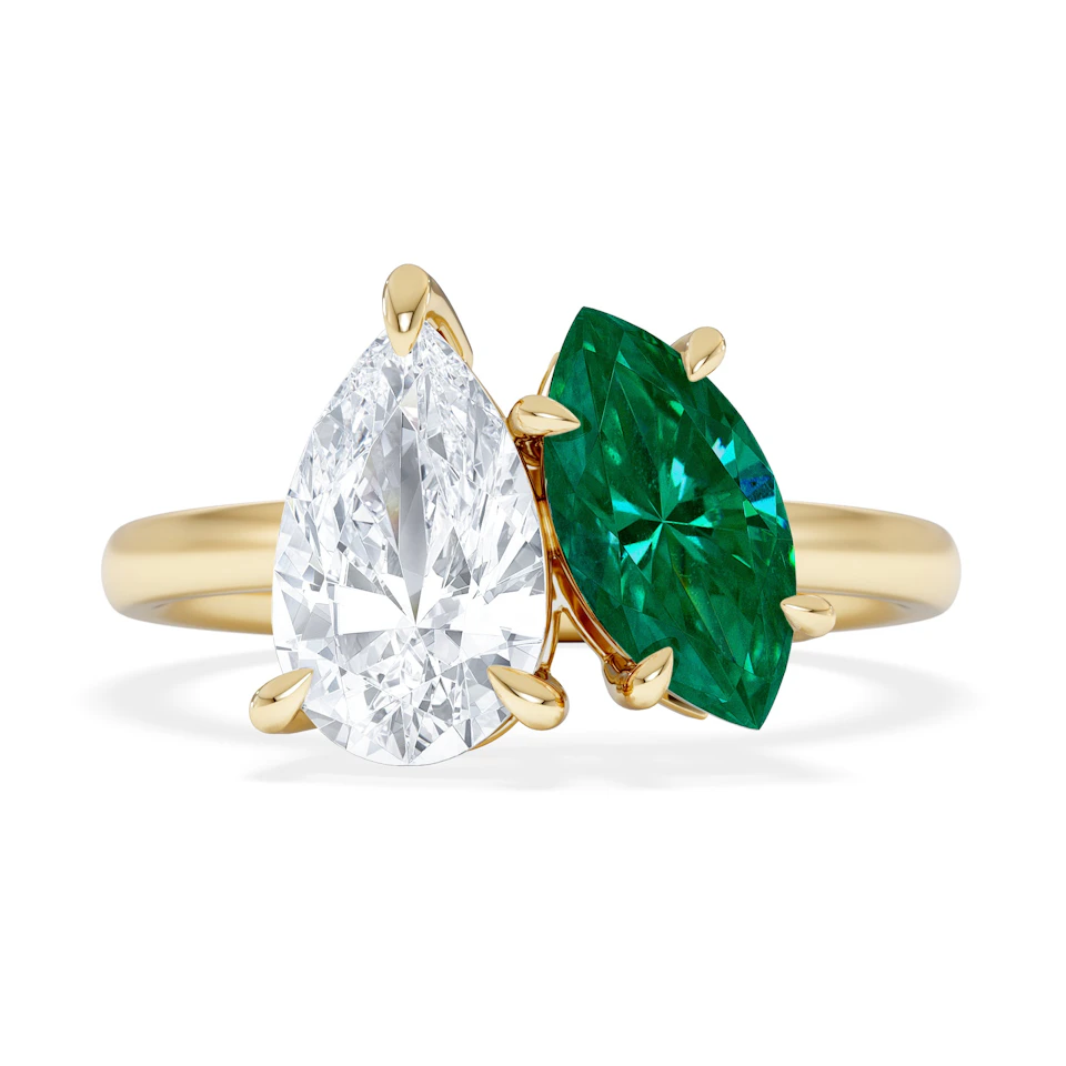 Toi Et Moi 1.50ct Pear Lab Diamond and 1.50ct Marquise Lab Emerald Engagement Ring in 18K Yellow Gold